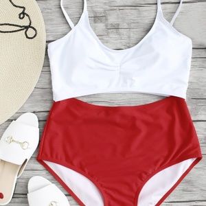 One piece white and red bathing suit